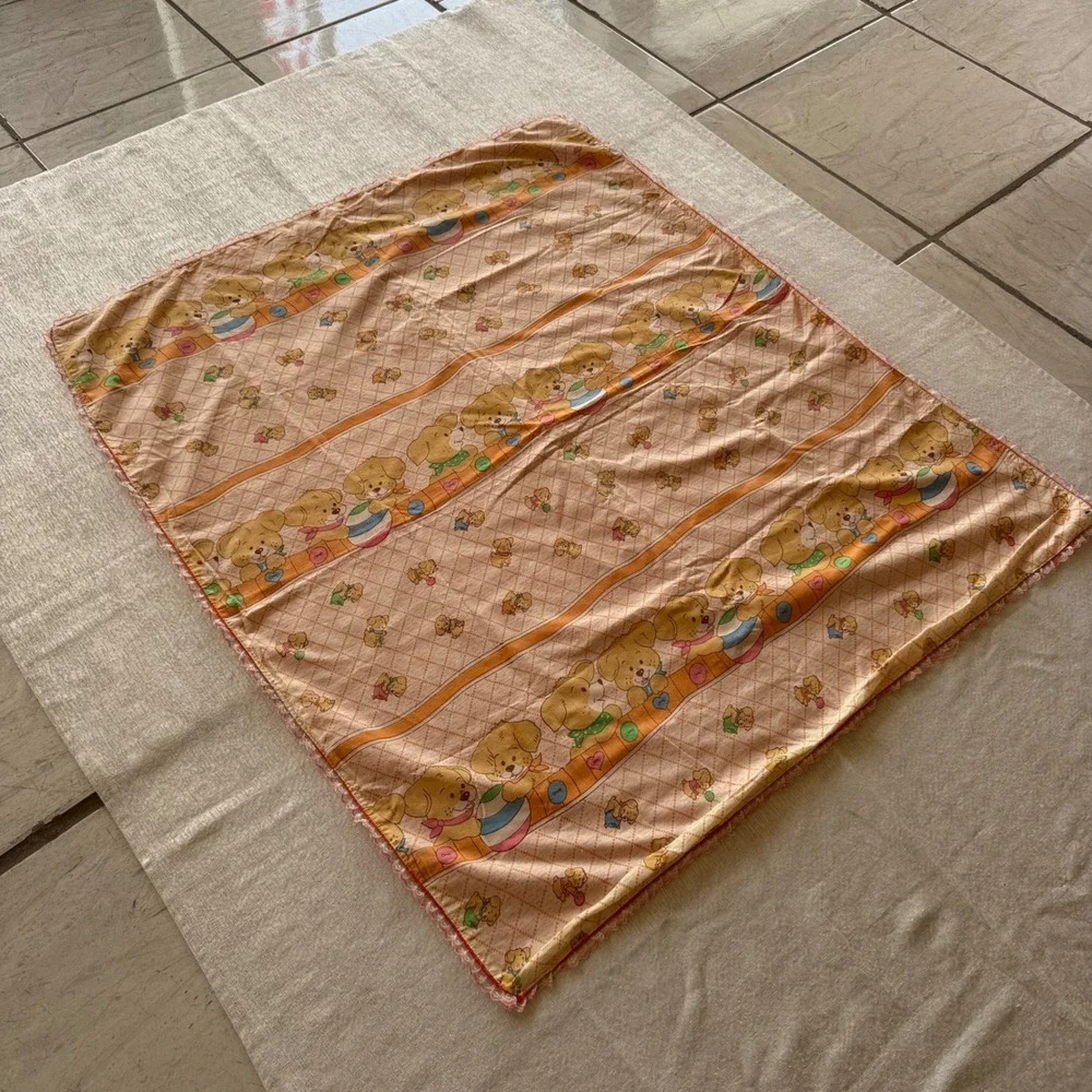 Vintage Puppy Dog Nursery Receiving Blanket Orange Lace Trim Retro 35x40